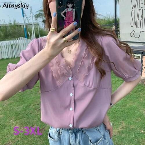 Shirts Women Summer Plus Size Soft Chiffon V-neck Trendy Harajuku Sweet Leisure All-match Popular Single Breasted Solid Female