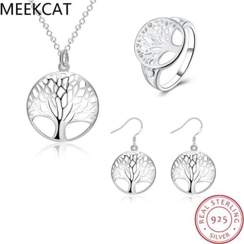 Wisdom Tree Necklace Earring Set 925 Sterling Silver Round Tree of Life Necklace+ Earrings+Ring Christmas Gifts 3pcs Jewelry Set