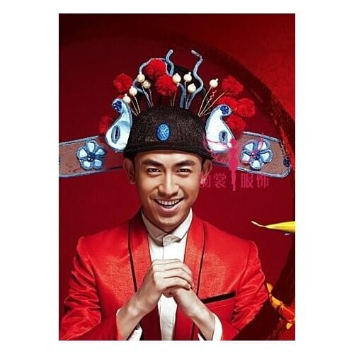 Red Gorgeous Ancient Chinese Wedding Hair Tiaras for Bride and Groom or No.1 Scholar Officer Hat