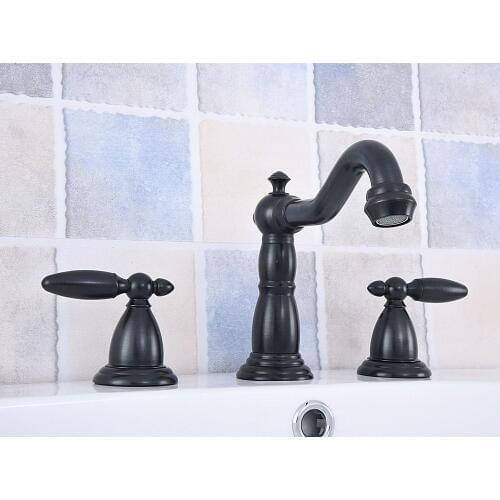 Black Oil Rubbed Brass Deck Mounted Dual Levers Widespread Bathroom 3 Holes Basin Sink Faucet Mixer Taps msf533
