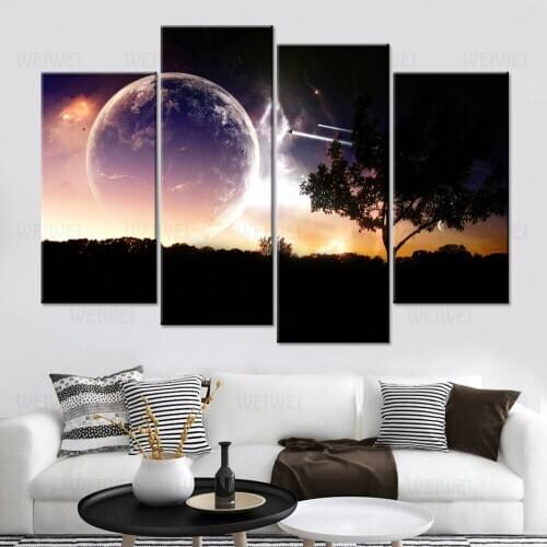 Painting Modular Poster Canvas 4 Pieces/Pcs Space Tree Landscape Wall Picture Print Frame HD Art Home Decor For Living Room