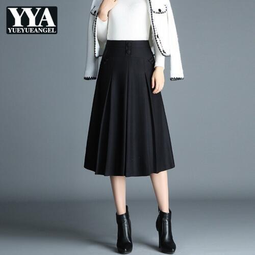 2019 New Winter Womens Skirts Fashion Solid Button High Waist Pleated Skirt Female Slim Fit Mid-Long Skirt Plus Size M-4XL