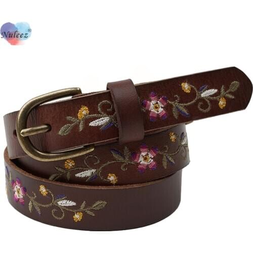 Nuleez Genuine Leather Belt Women Vintage Style Flower Decoration Waist Belt for Jeans and Lady Dress