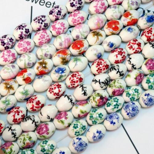 Wholesale 50pcs/lot 11x15mm Handmade Oval Flower Design Ceramic Beads Loose Porcelain Bracelet DIY Beads For Jewelry Making