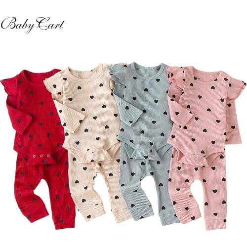 Autumn Heart Printed Baby Sets Casual Baby Girls Long Ruffle Sleeve Clothes Tops and Pants Set