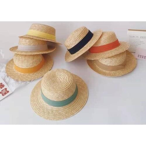 Spring Summer Children Girls Straw Plaited Bucket Hat Beach Holiday Round Top Outdoor Bow Sun Block Hat Cap for Kids New 2021