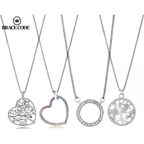 Authentic Silver Plated Brand Necklaces Romantic Clear Round Shape CZ Brand Pendant Necklaces for Women Party Jewelry Metal 45cm