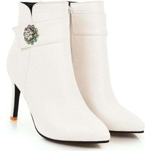 Big Size Ma'am Short boots Pure color Water drill Pointed Boot barrel High heel boots