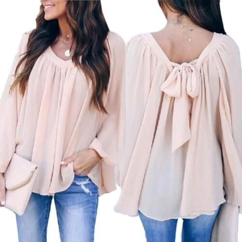 Casual Women Clothing Office Lady Solid Color Long Sleeve V Neck Shirt Large Hem Back Bowknot Loose Blouse Top for Women Female