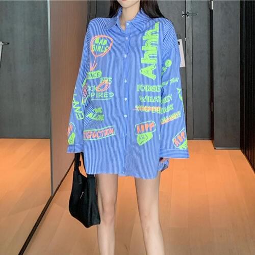 Graffiti Ink Print Stripe Long Sleeve Shirts 2020 Women Fashion Hip Hop Casual Oversized Streetwear Tops Male Punk Rock Tops