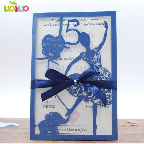 DIY customzied inc275 girl birthday card sea blue Wedding invitations Card ,tied navy blue bow,print insert,envelope