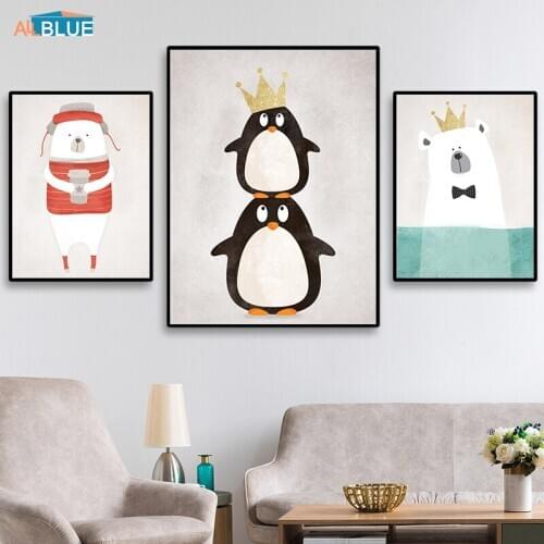 Nordic Animal Canvas Print Cute Cartoon Emperor Penguin Bear Poster Wall Art Decorative Pictures Wall Pictures For Baby Nursery