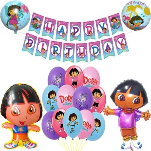 Dora The Explorer Ballons Latex Foil Balloon Flag Happy Birthday Banner Education Decorations Party Baby Shower Kids Girl Toy