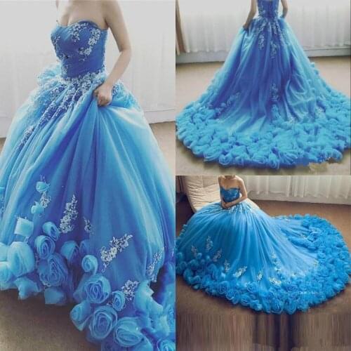 Cinderella Country Blue Wedding Dress Gothic Strapless Ball Gown Wedding Dresses With 3d Floral Flower Vintage Corset Bride 2020
