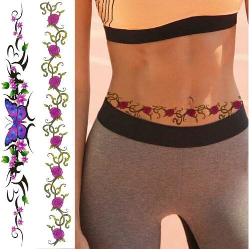 Rose Flower Temporary Tattoos For Women Girls Long Vines Fake Tattoo Sticker Watercolor Sexy Butterfly Waist Long Tattoos Body