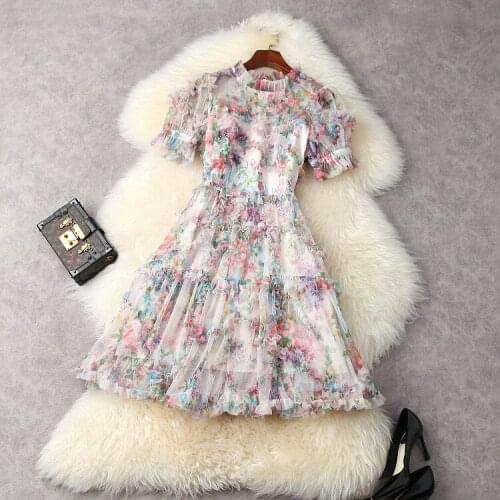 European and American womens wear for summer 2021 With short sleeves collar Mesh printed flower ear Fashion dress