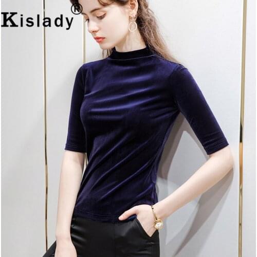 Kislady 2020 Womens Turtleneck Half Sleeve Solid Gothic Shirt Sexy OL Harajuku Tops Pleuche T-Shirts Korean Plus Size Clothes