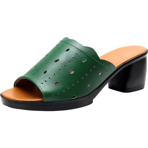 Promotion 2021 New Summer Hollow Genuine Leather Slippers Women Sandals Soft Sole Non-slip High Heel Slippers Large Size Shoes
