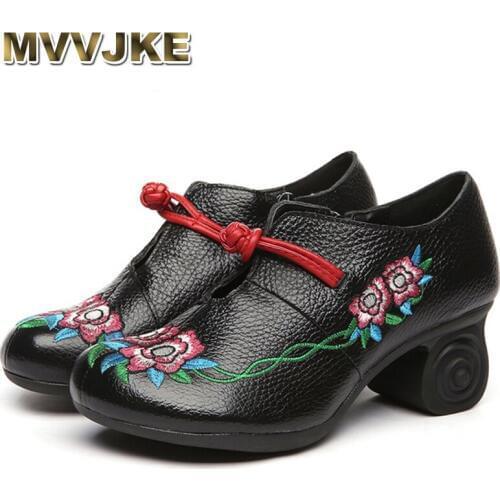 MVVJKE National Wind Flower High Heels Genuine Leather Pumps Female Shoes Vintage Embroidery Chinese Wind Mother Shoes E019