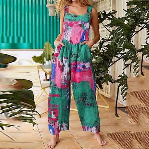 Women Summer Boho Jumpsuit Casual Sleeveless Wide Leg Overalls with Pockets Vintage Romper Loose Suspender Trousers Pants