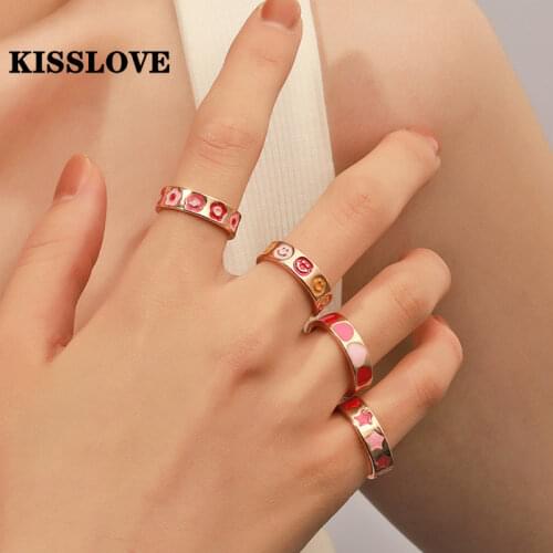 KISSLOVE Fashion Ins Style Cute Flower Love Ring For Women Fun Smiling Face index Finger Ring Valentines Day Gift