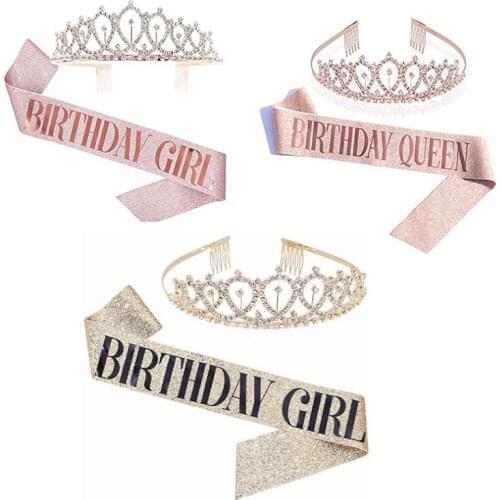 Gold Bling Rhinestone Crown Tiara Birthday Anniversary Decoration Happy 18 20 30 40 50th Birthday Satin Sash Party Supplies
