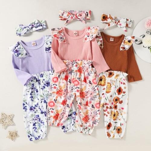 2021 0-12M Spring Fall Kids Baby Girl Clothing Ruffle Long Sleeve Knitted Romper+Floral Print Pants+Headband Sweet Infant 3pcs