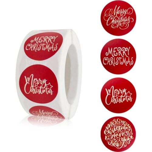 500Pcs 4 Styles Red Merry Christmas Stickers Round Adhesive Labels Scrapbooking Sticker for Holiday Party Decor Kids Gift DIY