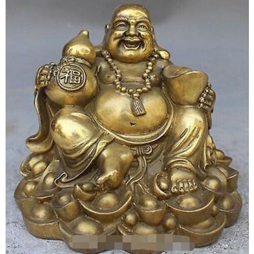 FREE SHIPPING 6" China FengShui Wealth YuanBao Bronze Brass happy smile Maitreya Buddha Statue