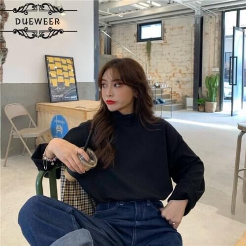 Women Long Sleeve T-shirts Half-turtleneck T-shirt Plus Velvet Warm Autumn Solid Loose Leisure Female Students Korean-style Chic