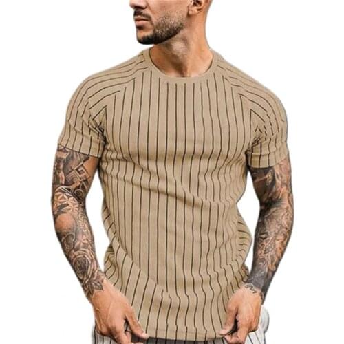 Summer Men T-shirt O Neck Vertical Stripes Short Raglan Sleeve Loose T-shirt for Work