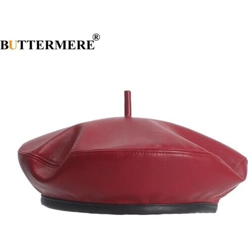 BUTTERMERE Leather Women French Military Beret Female Flat Cap Red Ladies Pumpkin Hat Adjustable Vintage Autumn Winter Flat Cap
