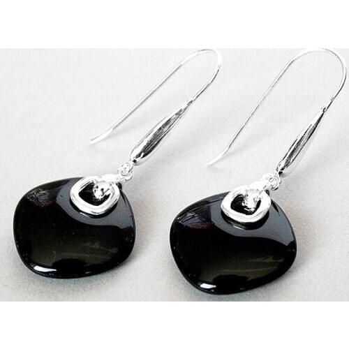 FASHION 925 SILVER NATURAL BLACK JADE EARRINGS 14/5"