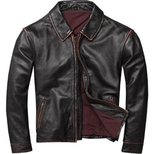 European Style Mens Genuine Cow Leather Overcoats Jackets Vintage Biker Flight Mens Leather Coat 4XL Plus Size Streetwear A578