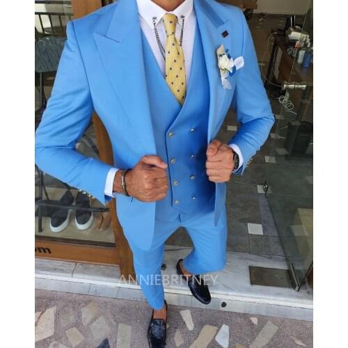 Newest Design Men Suit Blue Peak Lapel Bridegroom Best Man Evening Tuxedo 3 Piece(Blazers+Pant+Vest) Custom Made Wedding For Man