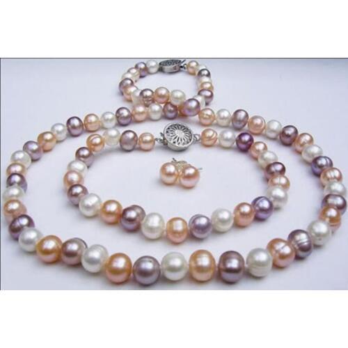 New charming 8-9mm mixed-colour pearl Necklaces Bracelets Earrings sets Jewelry Wholesale and retail