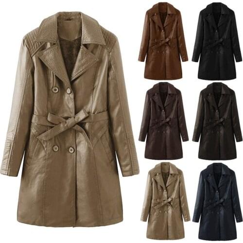 2021 Autumn Winter Solid Plus Velvet Leather Jacket Women Plus Size Slim Coat Warm Mid-length Windproof Female Leather Jacket