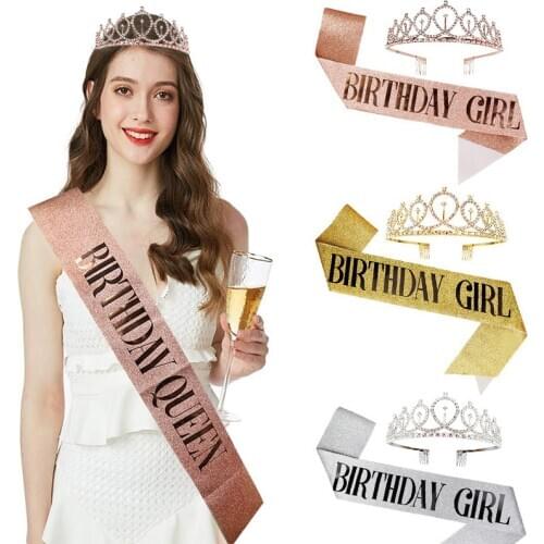 Rose Gold Birthday Queen/Girl Satin Sash with Crystal Crown for Kids Birthday Decorations Adult 30 40 50 Birthday Party Supplies