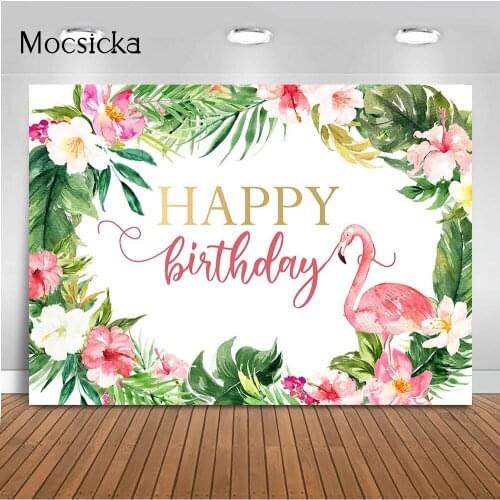 Pink Flamingo Floral Backdrop for Summer Birthday Party Decoration Happy Birthday Summer Party Decoration Prop Art Photocall