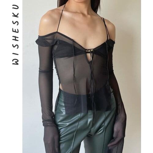 Sexy Low Cut Off Shoulder Top Women Halter Club Party Goth Black Mesh See Through Transparent Long Sleeve Tee Shirt 2021 Summer