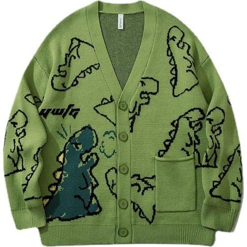Hip Hop Mens Knitted Sweater 2021 Doodle Dinosaur Pattern Harajuku Oversize Streetwear Loose Cardigan Pullover Men Women Coats