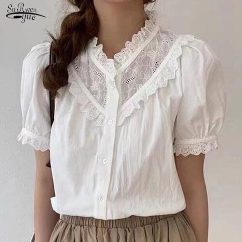 French Retro Palace Style Embroidery Blouse Crochet Lace Stitching Shirt Puff Short Sleeve Hollow Sweet Tops blusas mujer 15194