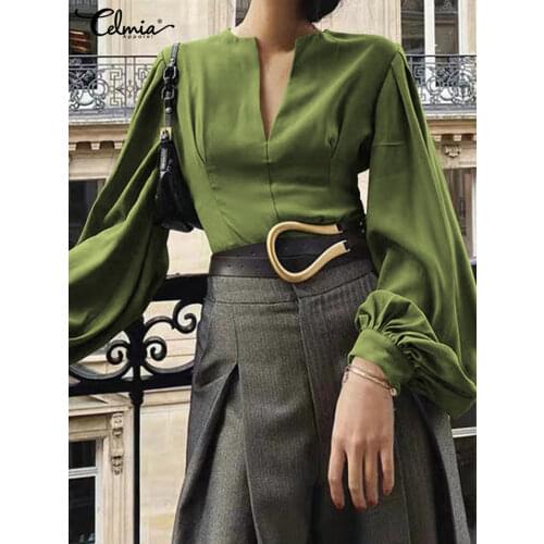 Women 2021 Spring Elegant Sheath Shirts Celmia Fashion Lantern Sleeve Office Lady Blouses Sexy V-neck Solid Color Pleated Tops