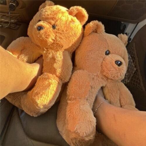 Womens Teddy Cear Fluffy Slippers Ladies Cartoon Bear Furry Cotton Shoes Female House Warm Fur Shoes Girls Cute Pluse Slides