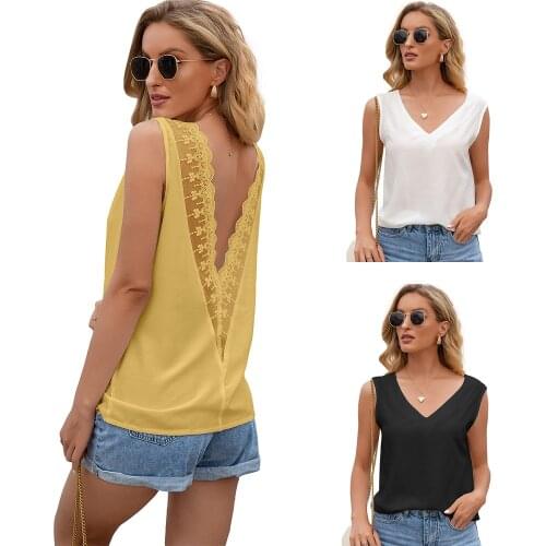 Women Fashion Hollow Lace Trim Tank Tops Solid Color Backless Vest V Neck Camisole Sexy Spring Summer Ladies Sleeveless Shirt