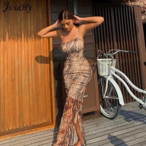 JusaHy Y2K Sling Tight Mesh Print Long Prom Dress Woman Elegant Dress Summer Holiday Travel Daily Party Birthday Banquet Outfit