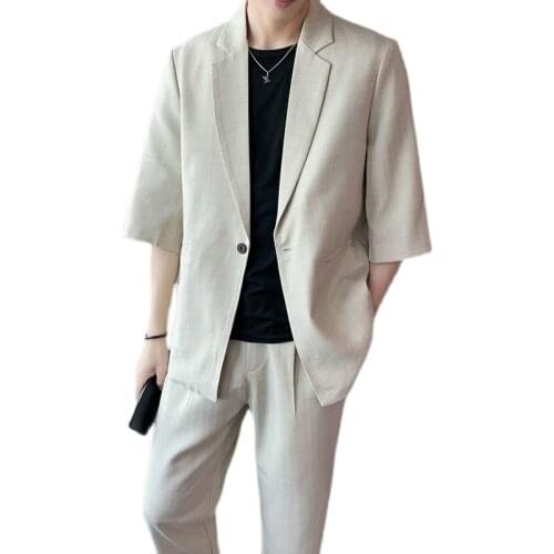 2021(jacket+pant) Lightly mature young mens standard loose solid color business slim-fit small-sleeved small suit