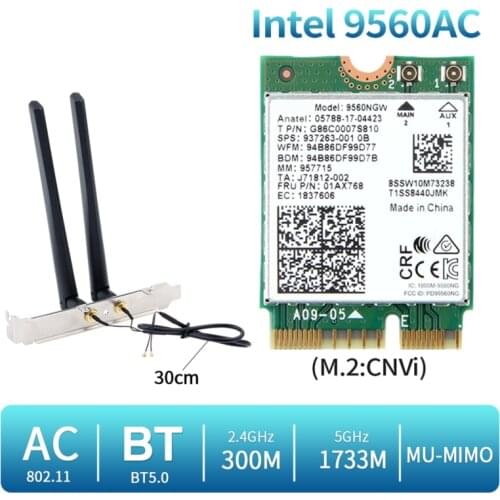 1730Mbps For Intel Dual Band Wireless AC 9560 Desktop Kit Bluetooth 5.0 802.11ac M.2 CNVI 9560NGW Wifi Card With Antenna