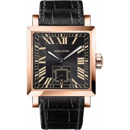 Agelocer Luxury Automatic Watches for Men Genuine Leather Strap Rose Gold Square Watches with Date 3303D1