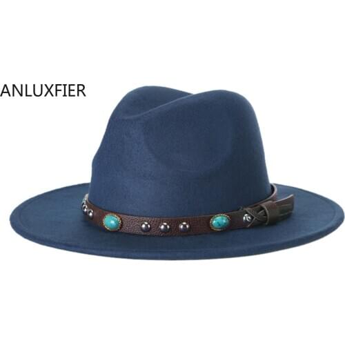 H7214 American Wool Fedoras Hat Women Men Imitation Turquoise Decoration Jazz Fedora Cap Lady Party Church Elegant Hats